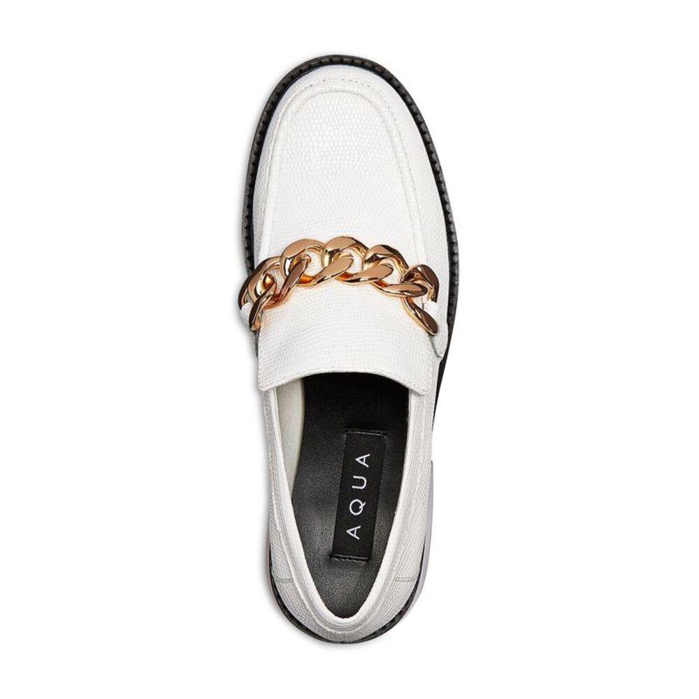 AQUA Womens White Bone Lizard Chain Lena Slip On Leather Heeled Loafers 9 M